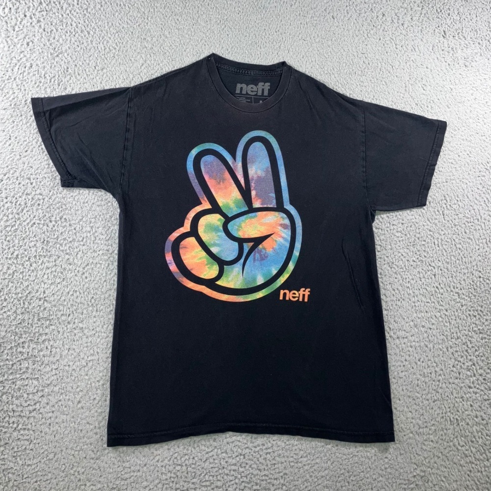 Neff Peace Sign Tie Dye Graphic T-Shirt Mens M Black S/S Skater Surf Grunge y2k